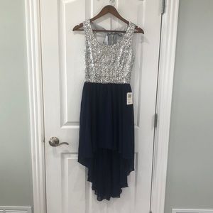 B. Darlin Juniors Size 3/4 Silver Sequin and Navy Blue Asymmetrical Dress NWT